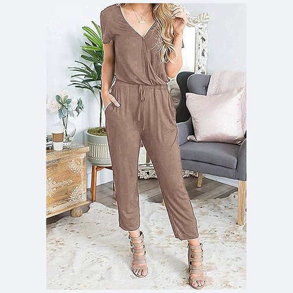 Women's Summer Casual Deep V Neck Short Sleeve Wrap Drawstring Dark Khaki - Picture 3 of 5